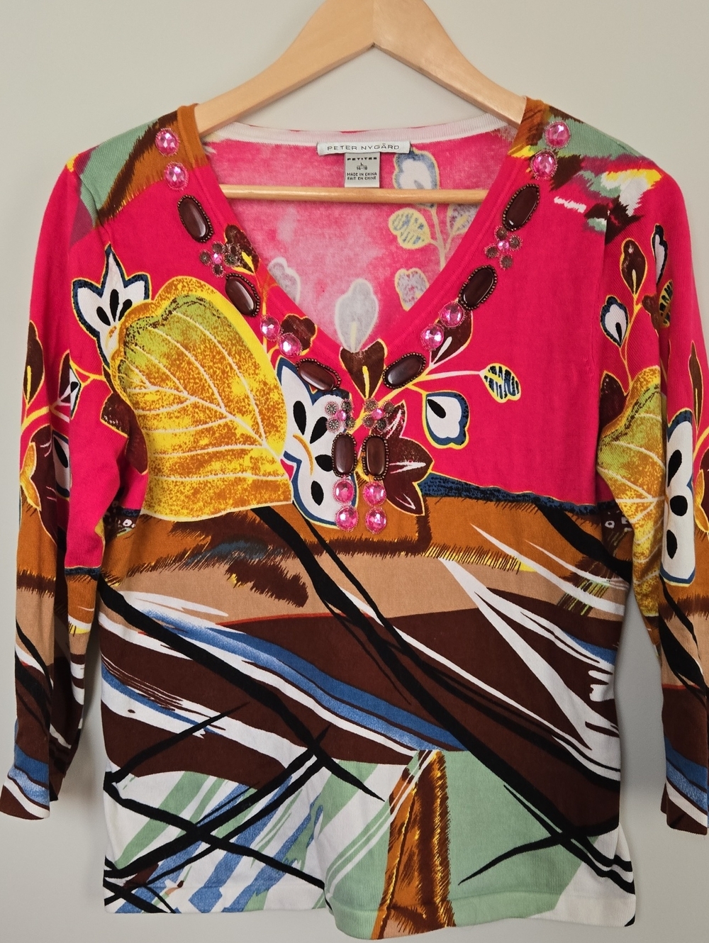 Peter Nygard Hot Pink Multicolor V‑Neck Embellished Long Sleeve Top